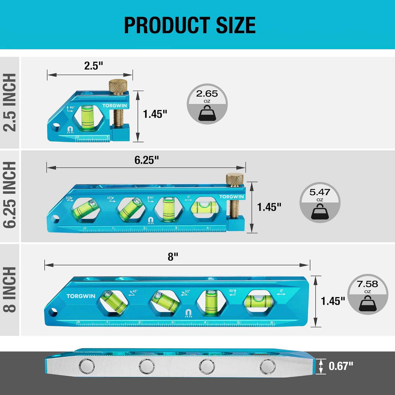 3-Piece Level Tool Set, Magnetic Torpedo Level Included 2.5